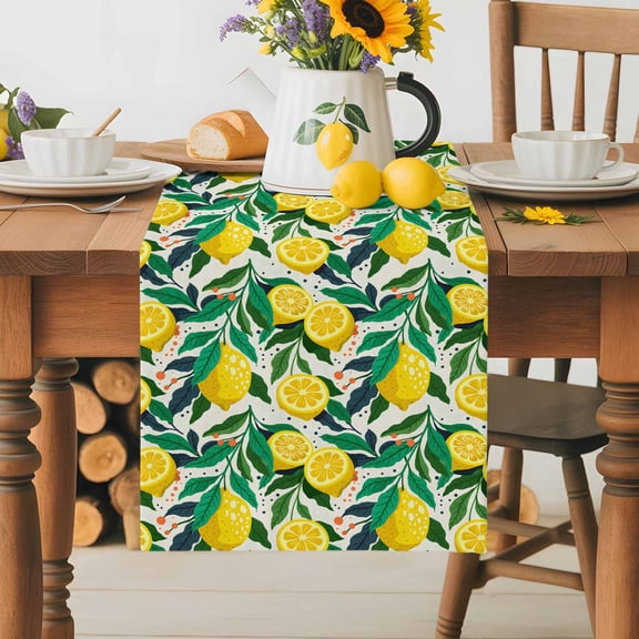 Burlap Table Runner 36 Inches Long, Summer Lemon Green Leaves Non-Slip Kitchen Table Runners for Dining Room Everyday Use Party Table Decorations Country Style Plant