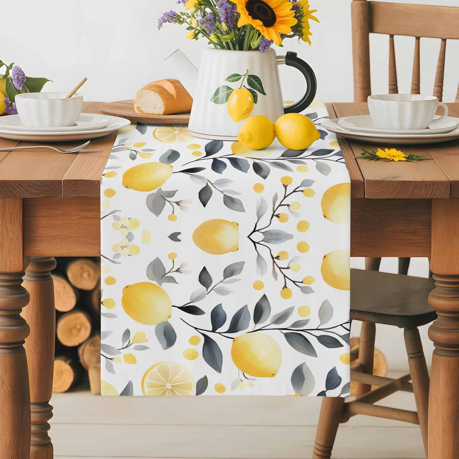 Burlap Table Runner 36 Inches Long,Summer Lemon Leaves Seamless Non ...