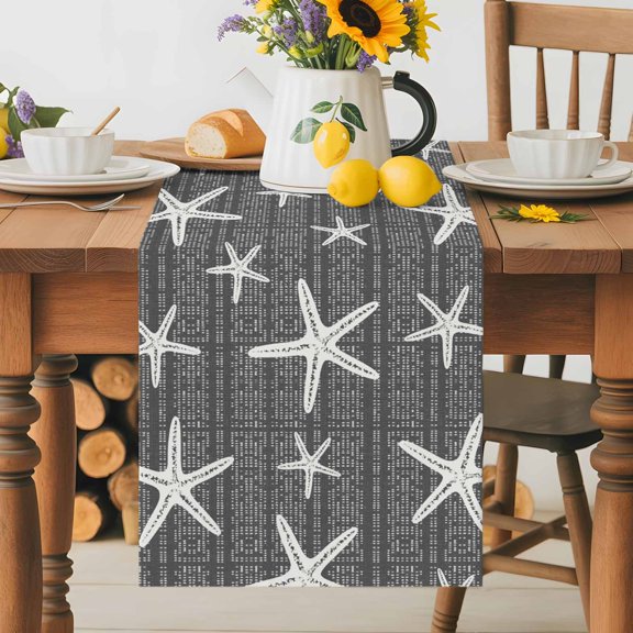 Burlap Table Runner 36 Inches Long, Summer Ocean Starfish Non-Slip Kitchen Table Runners for Dining Room Everyday Use Party Table Decorations Gray Background