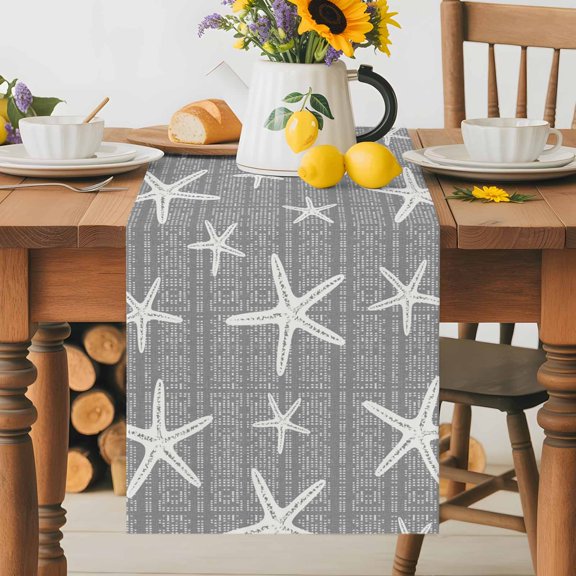 Burlap Table Runner 36 Inches Long, Summer Ocean Starfish Non-Slip Kitchen Table Runners for Dining Room Everyday Use Party Table Decorations Light Gray Background