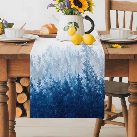 Burlap Table Runner 36 Inches Long, Summer Ombre Blue Plant Tree Non-Slip Kitchen Table Runners for Dining Room Everyday Use Party Table Decorations Abstract Watercolor Forest