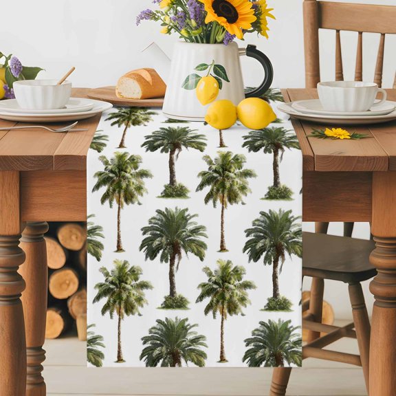 Burlap Table Runner 36 Inches Long, Summer Palm Trees Non-Slip Kitchen Table Runners for Dining Room Everyday Use Party Table Decorations Watercolor Green Tree Seamless