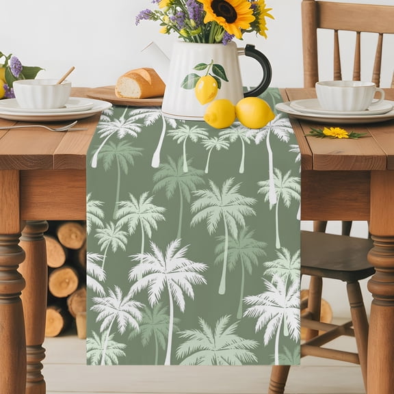 Burlap Table Runner 36 Inches Long, Summer Palm Trees on Sage Green Non-Slip Kitchen Table Runners for Dining Room Everyday Use Party Table Decorations Tropical Botanical Tree