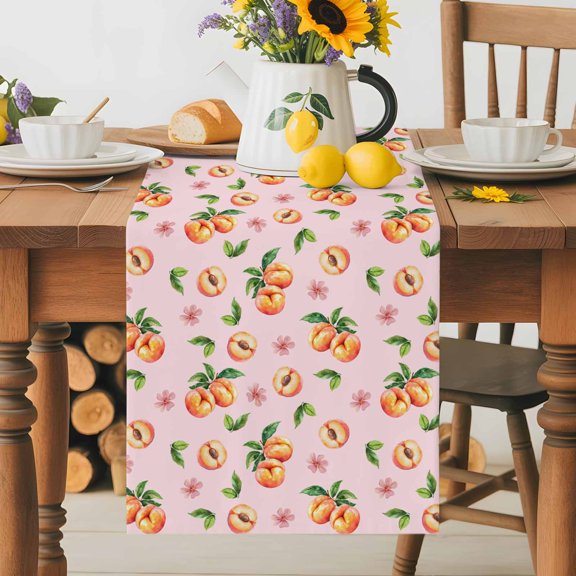 Burlap Table Runner 36 Inches Long, Summer Peaches on Pink Background Non-Slip Kitchen Table Runners for Dining Room Everyday Use Party Table Decorations Watercolor Flower