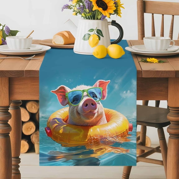 Burlap Table Runner 36 Inches Long, Summer Pigs Swimming Circles Non-Slip Kitchen Table Runners for Dining Room Everyday Use Party Table Decorations Abstract Animal Holidays