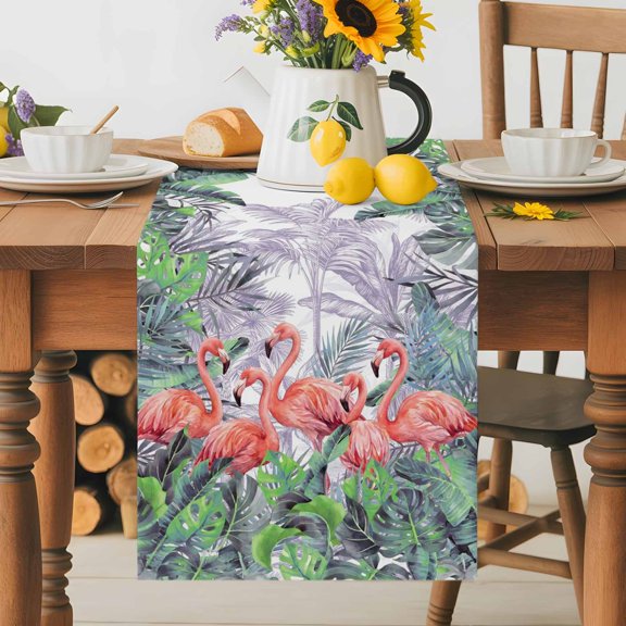 Burlap Table Runner 36 Inches Long, Summer Pink Flamingo Non-Slip Kitchen Table Runners for Dining Room Everyday Use Party Table Decorations Tropical Animal Palm Leaf Tree