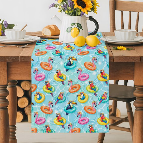 Burlap Table Runner 36 Inches Long, Summer Pool Float Swim Rings Non-Slip Kitchen Table Runners for Dining Room Everyday Use Party Table Decorations Tropical Flamingo Birds