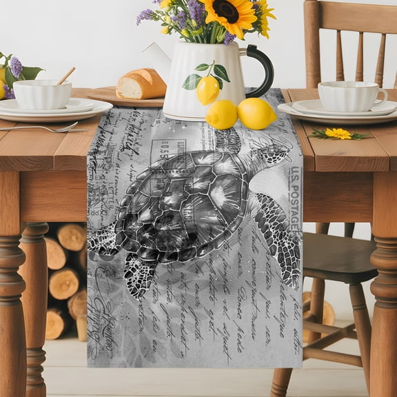 Burlap Table Runner 36 Inches Long, Summer Retro Ocean Grey Turtle Non-Slip Kitchen Table Runners for Dining Room Everyday Use Party Table Decorations Sea Animal