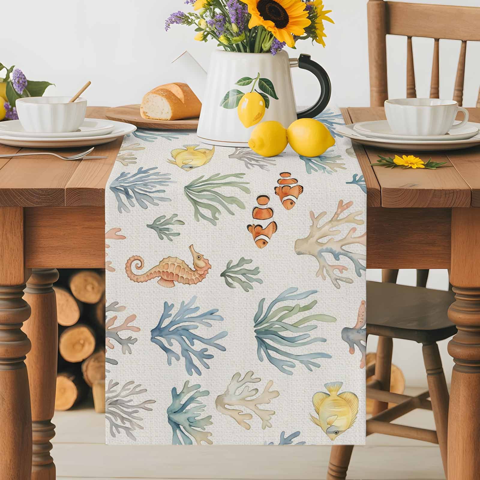 Burlap Table Runner 36 Inches Long, Summer Sea Fish Seahorse Non-Slip ...