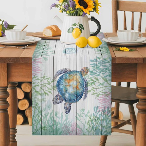 Burlap Table Runner 36 Inches Long, Summer Sea Turtles Green Seaweed Non-Slip Kitchen Table Runners for Dining Room Everyday Use Party Table Decorations Vintage Wood Board