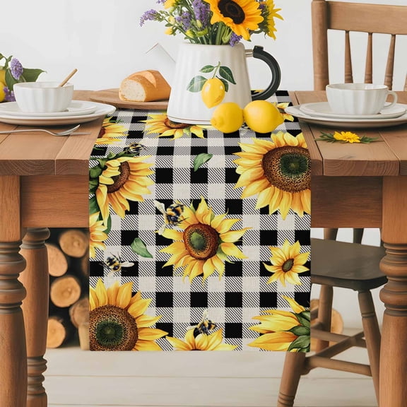 Burlap Table Runner 36 Inches Long,Summer Sunflower Bee Spring Floral Watercolor Non-Slip Kitchen Table Runners for Dining Room Everyday Use Party Table Decorations Black Buffalo Check