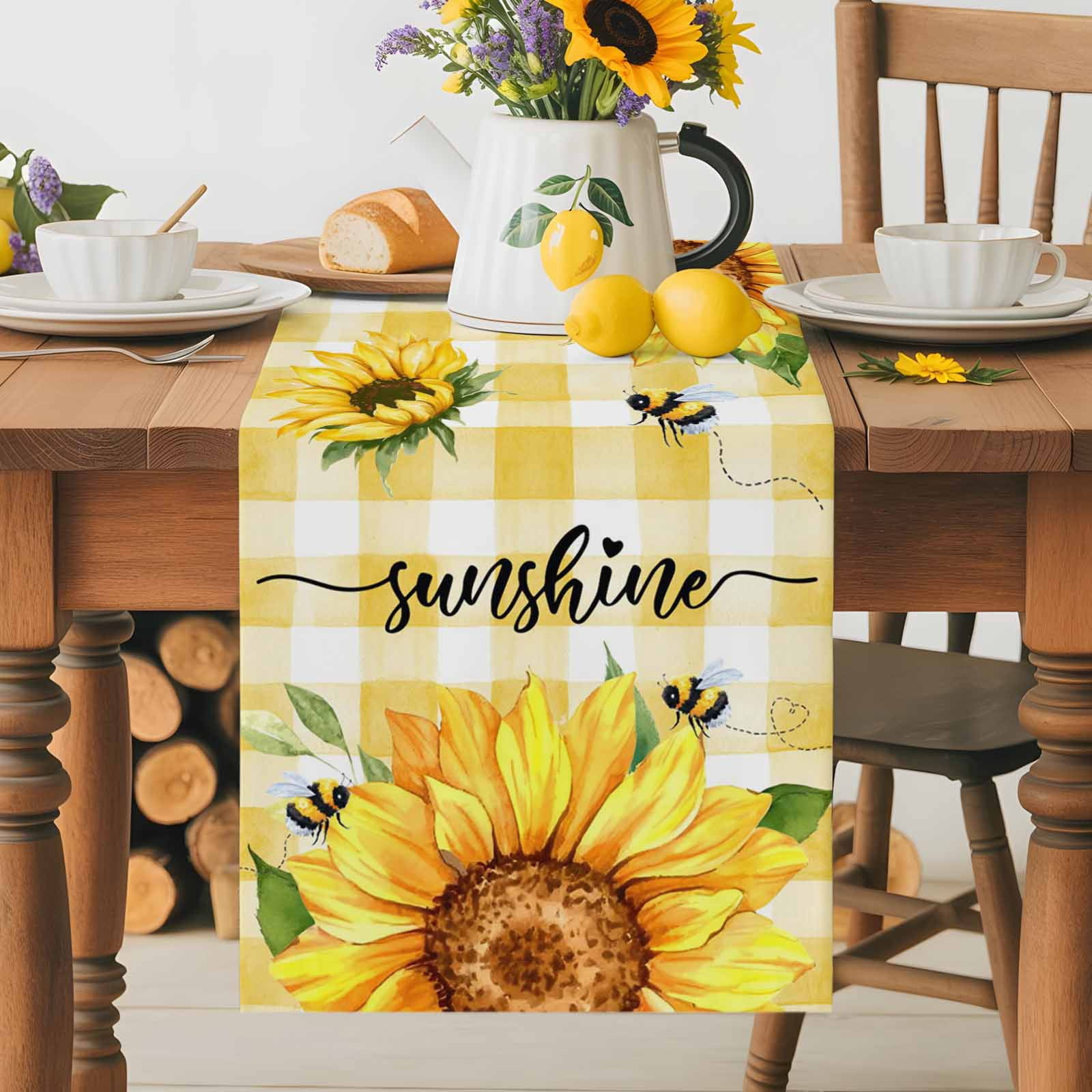 Burlap Table Runner 36 Inches Long, Summer Sunflower Bee Yellow Plaid ...