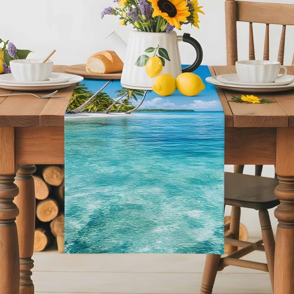 Burlap Table Runner 36 Inches Long, Summer Teal Sea Water Palm Trees Non-Slip Kitchen Table Runners for Dining Room Everyday Use Party Table Decorations Seaside Ocean Cloud