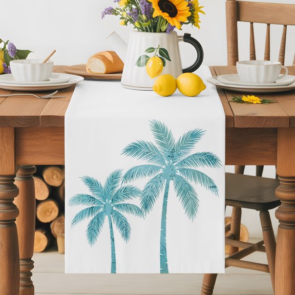 Burlap Table Runner 36 Inches Long, Summer Tropical Beach Coastal Tree Non-Slip Kitchen Table Runners for Dining Room Everyday Use Party Table Decorations Teal Palm Trees Plant