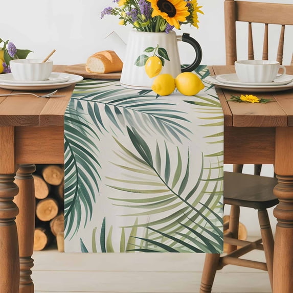 Burlap Table Runner 36 Inches Long,Summer Tropical Leaves Watercolor Non-Slip Kitchen Table Runners for Dining Room Everyday Use Party Table Decorations Green Foliage