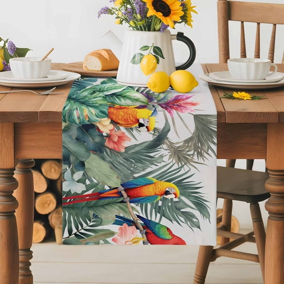 Burlap Table Runner 36 Inches Long,Summer Tropical Parrot Palm Leaf Non-Slip Kitchen Table Runners for Dining Room Everyday Use Party Table Decorations Watercolor Floral Green Plants