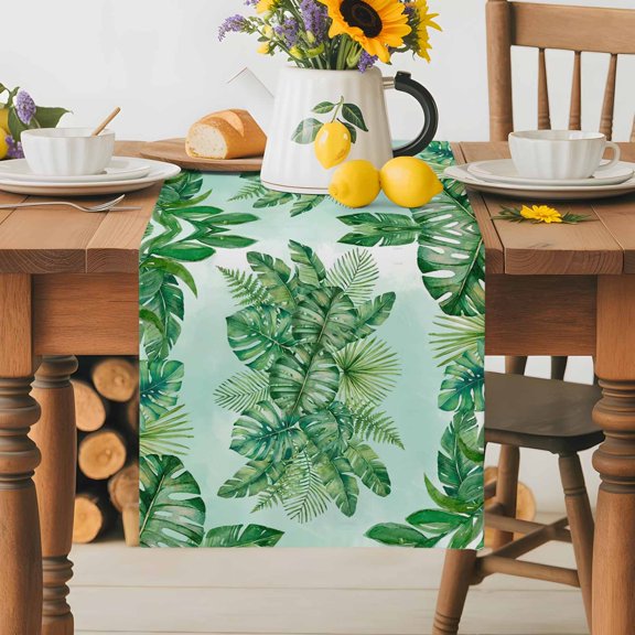 Burlap Table Runner 36 Inches Long, Summer Tropical Plants Leaves Non-Slip Kitchen Table Runners for Dining Room Everyday Use Party Table Decorations Watercolor Monstera Palm Leaf