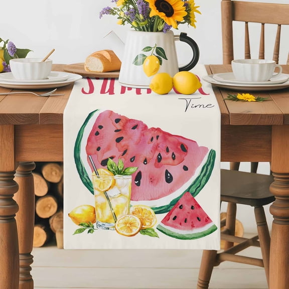Burlap Table Runner 36 Inches Long,Summer Watermelon Lemon Juice Non-Slip Kitchen Table Runners for Dining Room Everyday Use Party Table Decorations Retro Watercolor Rustic Fruits