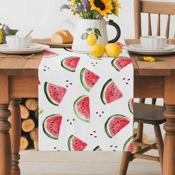 Burlap Table Runner 36 Inches Long, Summer Watermelon Seamless Non-Slip Kitchen Table Runners for Dining Room Everyday Use Party Table Decorations Farm Fruit Harvest