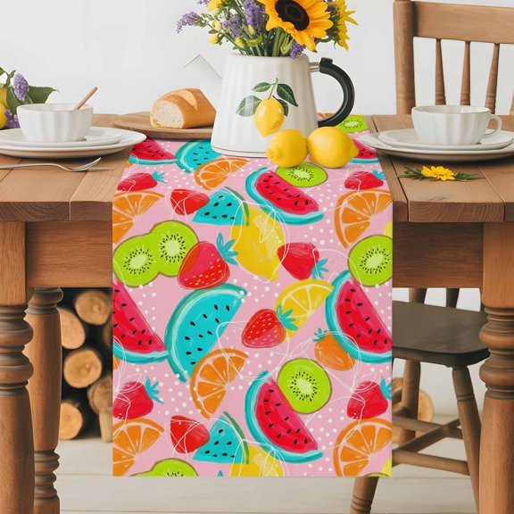 Burlap Table Runner 36 Inches Long, Summer Watermelon Strawberry Kiwi Non-Slip Kitchen Table Runners for Dining Room Everyday Use Party Table Decorations Farmhouse Fruit on Pink
