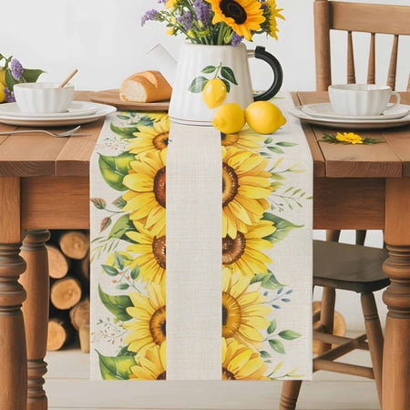 Burlap Table Runner 36 Inches Long, Sunshine Quote Farm Sunflower Non-Slip Kitchen Table Runners for Dining Room Everyday Use Party Table Decorations Floral Plant on Burlap