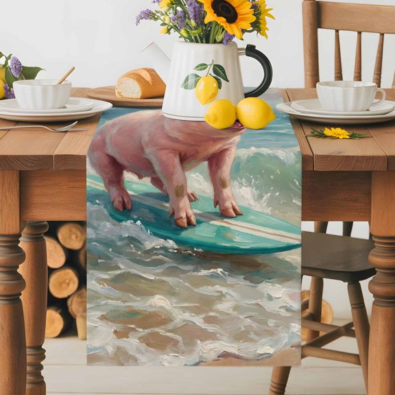 Burlap Table Runner 36 Inches Long, Surfing Farm Pink Pig Non-Slip Kitchen Table Runners for Dining Room Everyday Use Party Table Decorations Summer Blue Sea Wave Beach