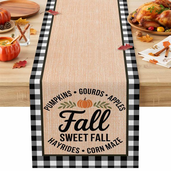 Burlap Table Runner 36 Inches Long, Sweet Fall Words Non-Slip Kitchen Table Runners for Dining Room Everyday Use Party Table Decorations Pumpkin on Black White Plaid