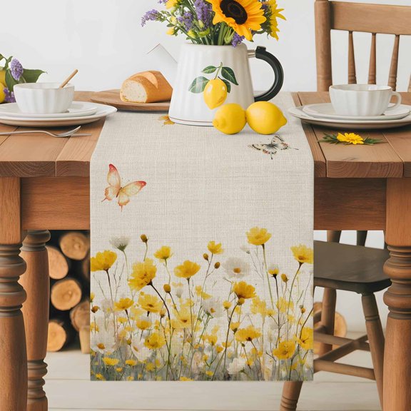 Burlap Table Runner 36 Inches Long, Sweet Home Words on Linen Non-Slip Kitchen Table Runners for Dining Room Everyday Use Party Table Decorations Farm Flowers Butterfly
