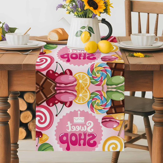 Burlap Table Runner 36 Inches Long, Sweet Shop Words Non-Slip Kitchen Table Runners for Dining Room Everyday Use Party Table Decorations Chocolate Bars Sweets Caralogne