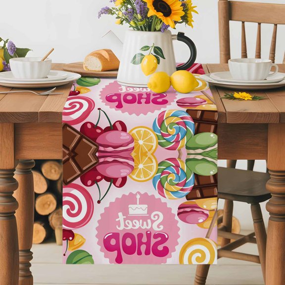 Burlap Table Runner 36 Inches Long, Sweet Shop Words Non-Slip Kitchen Table Runners for Dining Room Everyday Use Party Table Decorations Chocolate Bars Sweets Caralogne