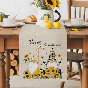 Burlap Table Runner 36 Inches Long, Sweet Sunshine Words Gnomes Non-Slip Kitchen Table Runners for Dining Room Everyday Use Party Table Decorations Farm Sunflowers on Linen