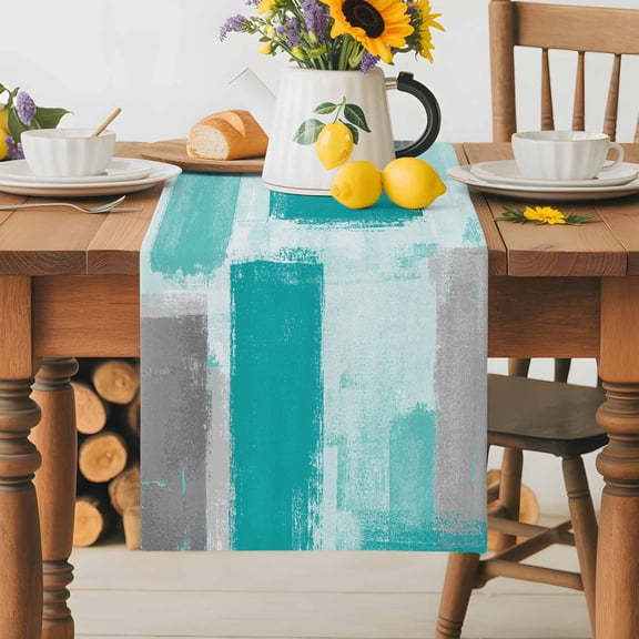 Burlap Table Runner 36 Inches Long, Teal Green Grey Oil Painting Non-Slip Kitchen Table Runners for Dining Room Everyday Use Party Table Decorations Modern Abstract Color