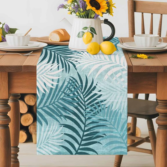 Burlap Table Runner 36 Inches Long, Teal Palm Leaf Non-Slip Kitchen Table Runners for Dining Room Everyday Use Party Table Decorations Tropical Island Leaves