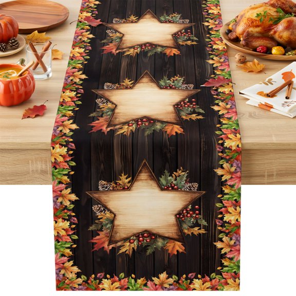 Burlap Table Runner 36 Inches Long, Thanksgiving Fall Star Maple Leaf Non-Slip Kitchen Table Runners for Dining Room Everyday Use Party Table Decorations Berry Pinecone on Brown Wood