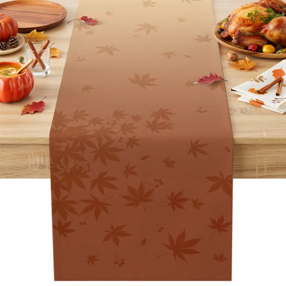 Burlap Table Runner 36 Inches Long, Thanksgiving Maple Leaves Silhouette Non-Slip Kitchen Table Runners for Dining Room Everyday Use Party Table Decorations Fallen Leaf Orange Ombre
