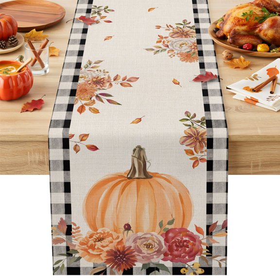Burlap Table Runner 36 Inches Long, Thanksgiving Ombre Pumpkin Floral Non-Slip Kitchen Table Runners for Dining Room Everyday Use Party Table Decorations Fall Leaves Buffalo Check