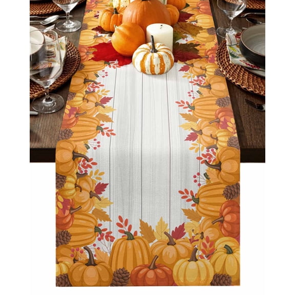 Burlap Table Runner 36 Inches Long,Thanksgiving Orange Pumpkin Berry Non-Slip Kitchen Table Runners for Dining Room Everyday Use Party Table Decorations Autumn Leaf Wood Board