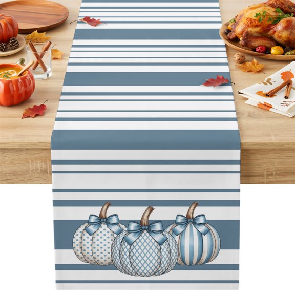 Burlap Table Runner 36 Inches Long, Thanksgiving Polka Dot Pumpkin Non-Slip Kitchen Table Runners for Dining Room Everyday Use Party Table Decorations Blue Geometric Striped