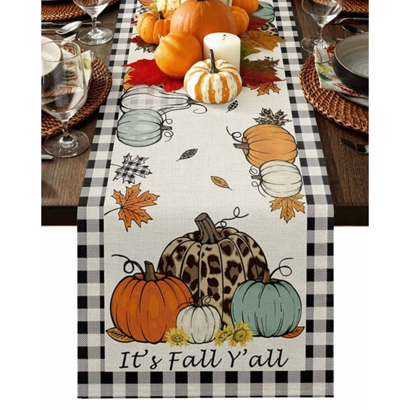 Burlap Table Runner 36 Inches Long,Thanksgiving Pumpkin Black Checker Non-Slip Kitchen Table Runners for Dining Room Everyday Use Party Table Decorations Fall Maple Leaf Retro Linen