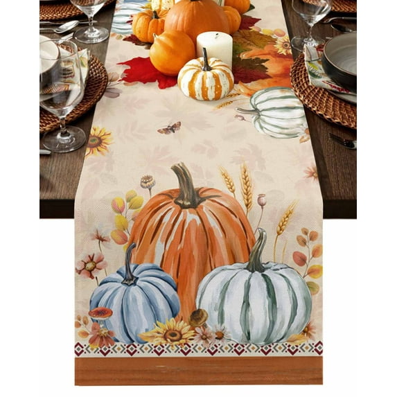 Burlap Table Runner 36 Inches Long,Thanksgiving Pumpkin Fall Eucalyptus Leaves Non-Slip Kitchen Table Runners for Dining Room Everyday Use Party Table Decorations Maple Leaf Sunflowers Boho