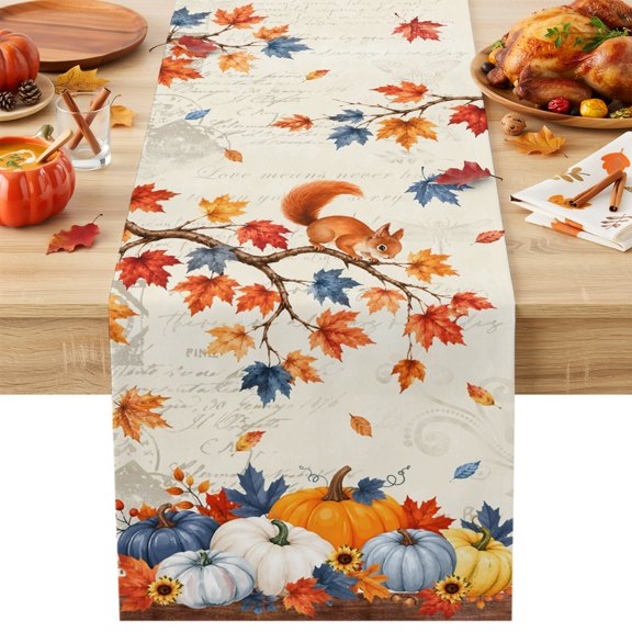Burlap Table Runner 36 Inches Long, Thanksgiving Pumpkin Fall Maple Leaf Orange Non-Slip Kitchen Table Runners for Dining Room Everyday Use Party Table Decorations Squirrel Boho Stripe
