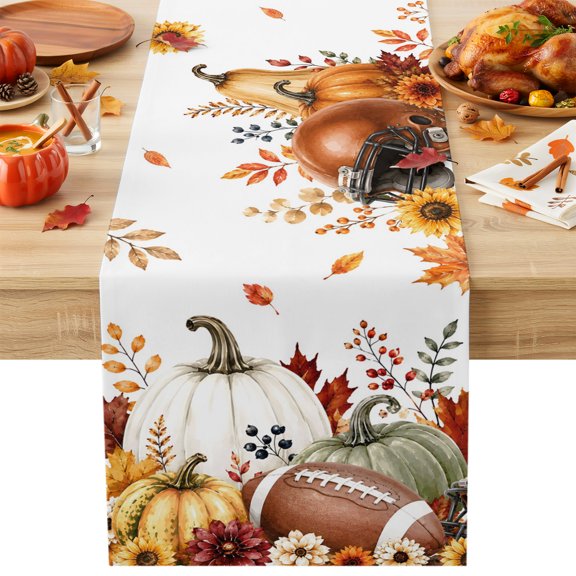 Burlap Table Runner 36 Inches Long, Thanksgiving Pumpkin Football Non-Slip Kitchen Table Runners for Dining Room Everyday Use Party Table Decorations Autumn Maple Leaf Flower