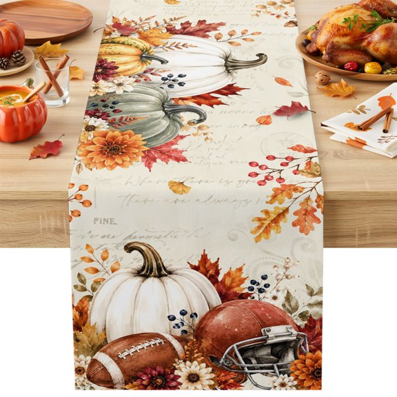 Burlap Table Runner 36 Inches Long, Thanksgiving Pumpkin Football Non-Slip Kitchen Table Runners for Dining Room Everyday Use Party Table Decorations Fall Maple Leaves Flower