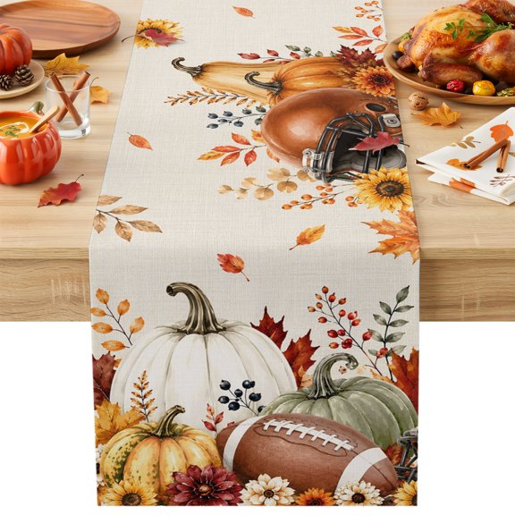 Burlap Table Runner 36 Inches Long, Thanksgiving Pumpkin Football Non-Slip Kitchen Table Runners for Dining Room Everyday Use Party Table Decorations Fall Orange Maple Leaf
