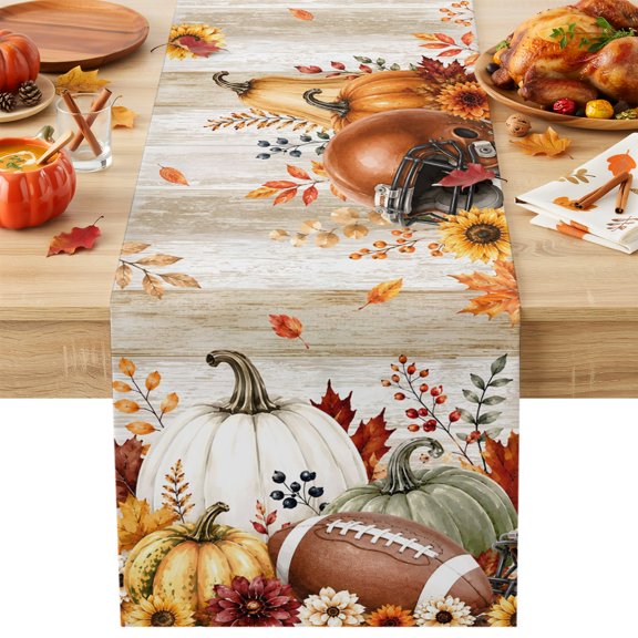Burlap Table Runner 36 Inches Long, Thanksgiving Pumpkin Football Non-Slip Kitchen Table Runners for Dining Room Everyday Use Party Table Decorations Fall Maple Leaf Sunflower