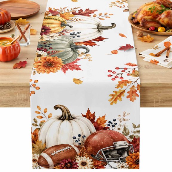 Burlap Table Runner 36 Inches Long, Thanksgiving Pumpkin Football Non-Slip Kitchen Table Runners for Dining Room Everyday Use Party Table Decorations Fall Maple Leaf Flower