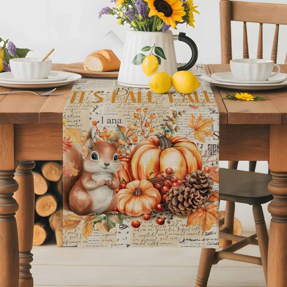 Burlap Table Runner 36 Inches Long,Thanksgiving Pumpkin Squirrel Pine Cone Non-Slip Kitchen Table Runners for Dining Room Everyday Use Party Table Decorations Fall Berry on Retro Newspaper