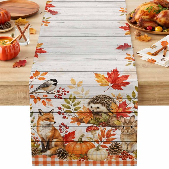Burlap Table Runner 36 Inches Long, Thanksgiving Red Fox Rabbit Hedgehog Non-Slip Kitchen Table Runners for Dining Room Everyday Use Party Table Decorations Maple Leaves