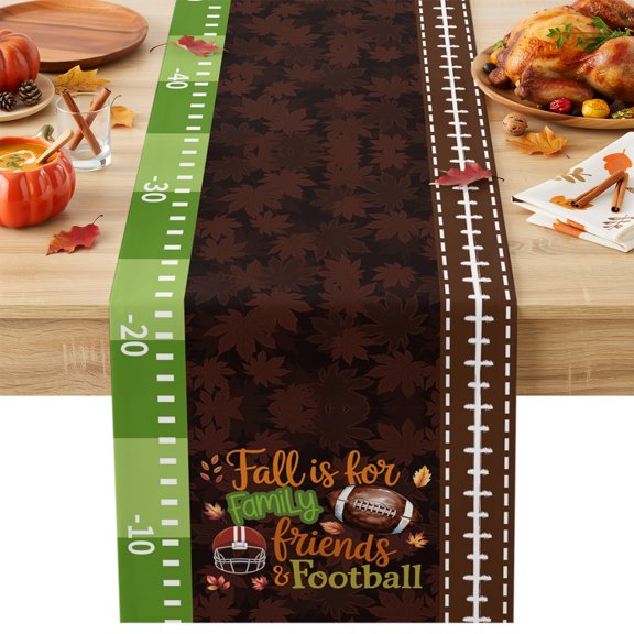Burlap Table Runner 36 Inches Long, Thanksgiving Rugby Helmet Non-Slip Kitchen Table Runners for Dining Room Everyday Use Party Table Decorations Fall Maple Leaf Brown Green Theme