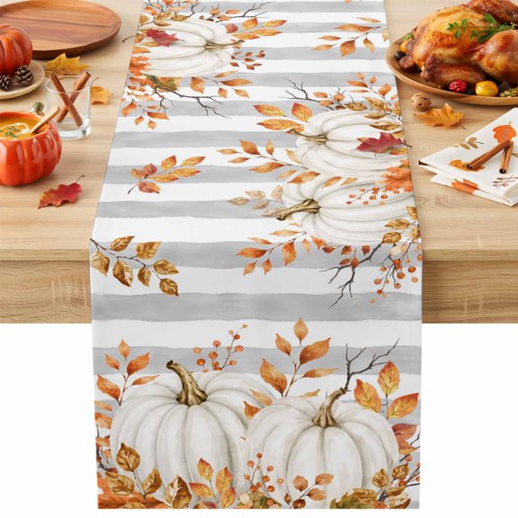 Burlap Table Runner 36 Inches Long, Thanksgiving White Pumpkins Leaf Non-Slip Kitchen Table Runners for Dining Room Everyday Use Party Table Decorations Gray Striped Background